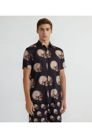 Blue Steel Camisa Manga Curta em Viscose com Estampa de Caveiras