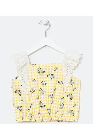 Fuzarka Blusa Infantil Cropped com Estampa de Xadrez Vichy e Flores - Tam 5 a 14 anos