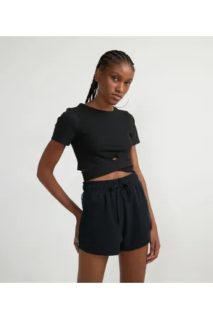 Blue Steel Blusa Cropped em Algodão Canelado com Barra Transpassada