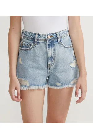 Blue Steel Short Cintura Alta Jeans Marmorizado com Puídos e Barra Desfiada