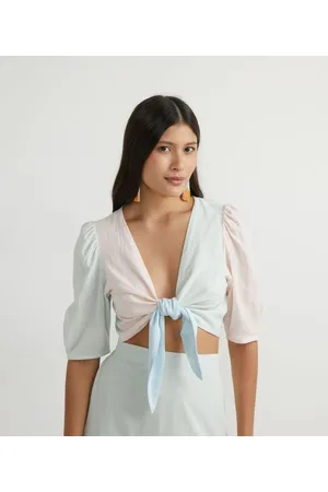 Blue Steel Blusa Cropped em Algodão Color Block com Amarração no Decote