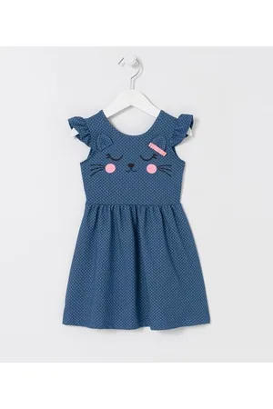 Póim (1 a 5 anos) Vestido Infantil em Cotton com Estampa Poá e Gatinha - Tam 1 a 4 Anos