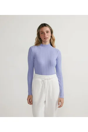 Blue Steel Blusa em Tricô Canelado com Gola Alta e Manga Longa