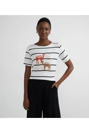 Marfinno Blusa Manga Curta em Viscose Listrada com Bordado de Camelos