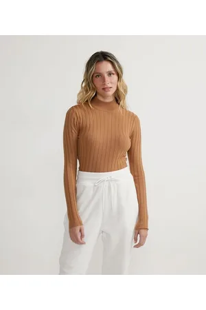 Blue Steel Blusa em Tricô Canelado com Gola Alta e Manga Longa
