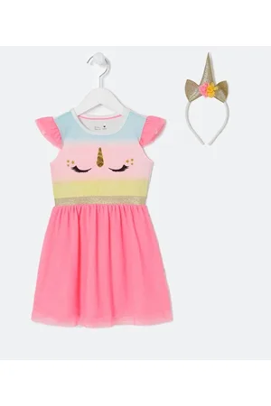 Póim (1 a 5 anos) Vestido Infantil Fantasia de Unicórnio com Tiara - Tam 1 a 5 anos