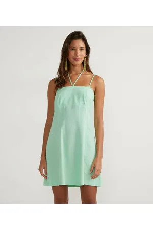 Blue Steel Vestido Curto em Linho com Decote Quadrado e Busto Marcado