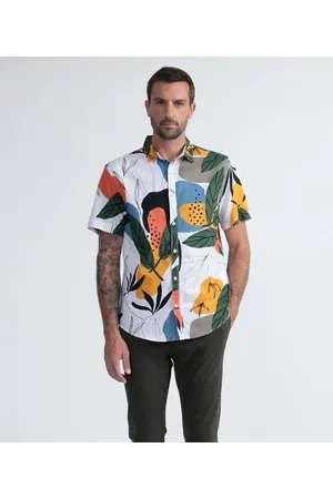 Marfinno Camisa Manga Curta em Linho com Estampa de Folhagem Abstrata