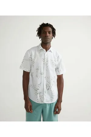 Marfinno Camisa Maga Curta em Linho com Estampa de Folhagem