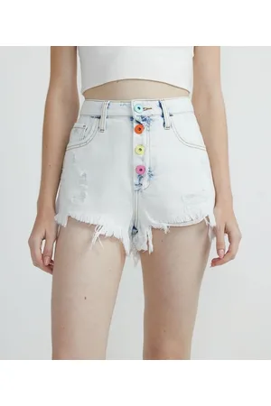 Blue Steel Short Cintura Alta Jeans Delavê com Puídos e Botões Coloridos