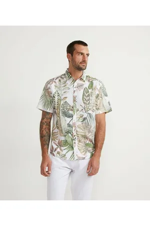 Marfinno Camisa Manga Curta em Linho com Estampa Folhagem