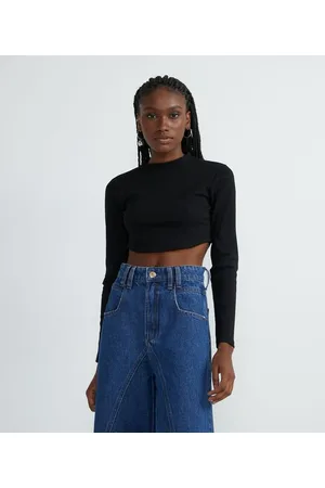 Blue Steel Blusa Cropped em Ribana com Manga Longa e Barra Arredondada