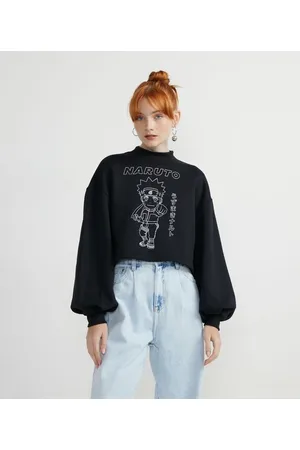 Naruto Blusão Cropped Fechado em Moletom com Estampa