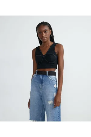 Blue Steel Blusa Regata Cropped em Poliamida Texturizada com Costura Contrastante