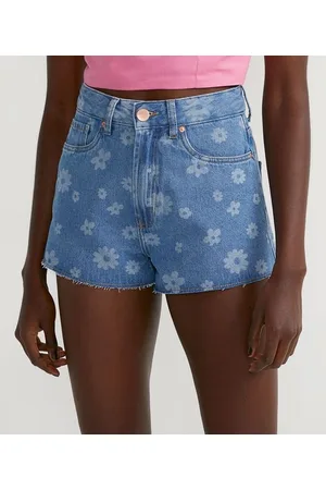 Blue Steel Short Mom Jeans com Estampa de Florzinhas e Barra Corte a Fio