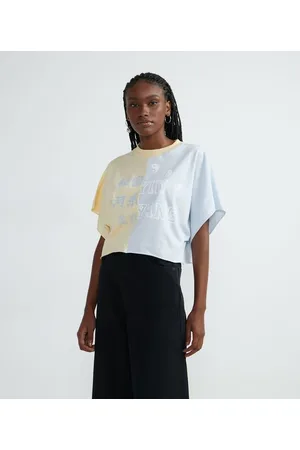 Blue Steel Blusa Cropped em Algodão com Manga Curta Ampla e Estampa Yin Yang
