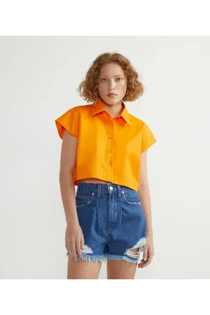 Blue Steel Camisa Cropped em Tricoline com Manga Curta