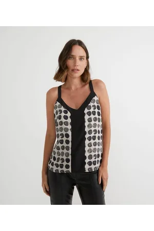 Cortelle Blusa Regata em Crepe com Recorte Contrastante e Estampa Poá