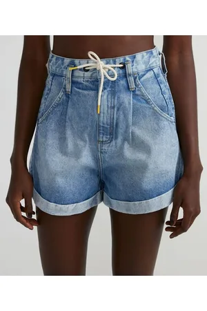 Blue Steel Short Baggy Jeans com Cordão para Amarração e Barra Dobrada