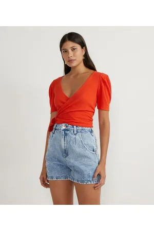 Blue Steel Blusa Curta em Ribana com Decote Transpassado e Manga Curta Bufante