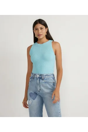 Blue Steel Blusa Regata Curta em Tricô Texturizado com Gola Redonda