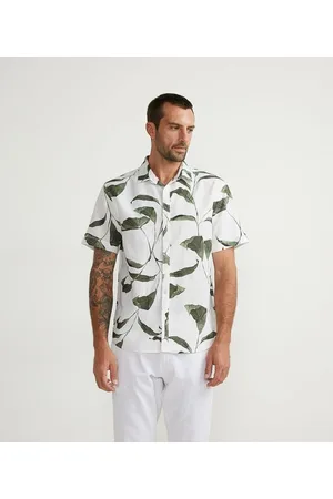 Marfinno Camisa Manga Curta em Linho com Estampa de Folhagem