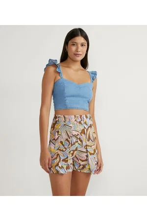 Blue Steel Blusa Regata Cropped Jeans com Babado na Alça e Lastex nas Costas