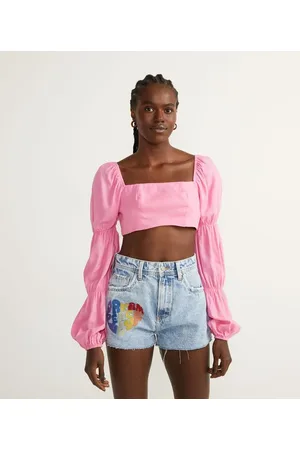 Blue Steel Blusa Cropped em Linho com Elástico nas Mangas