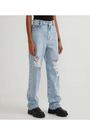 Blue Steel Calça Dad Jeans com Cintura Baixa Puídos e Barra Corte a Fio