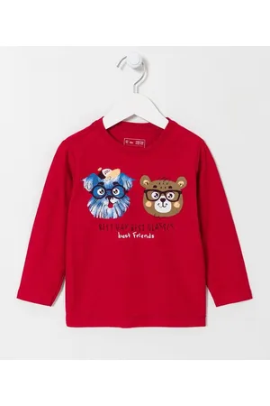 Póim (1 a 5 anos) Camiseta Infantil em Algodão com Estampa Cachorrinho e Ursinho de Óculos - Tam 1 a 5 anos