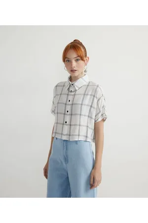Blue Steel Camisa Cropped em Viscose com Estampa Grid