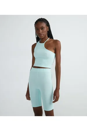Blue Steel Blusa Regata Cropped Canelada com Cava Assimétrica