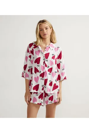 Love & Toast Pijama Americano Curto em Viscose com Estampa de Corações