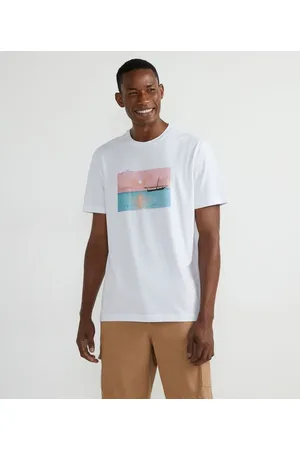Marfinno Camiseta Manga Curta em Algodão com Estampa Foto Barco no Pôr do Sol