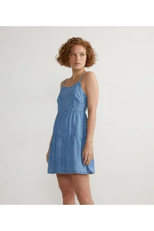 Blue Steel Vestido Curto Jeans com Alça Fina e Babados