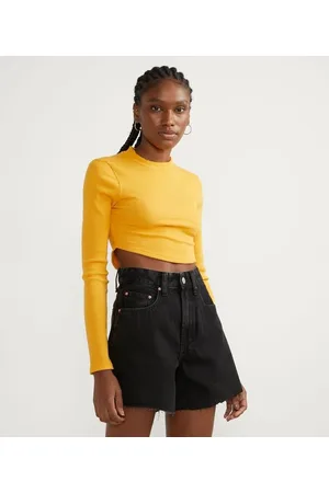 Blue Steel Blusa Cropped em Ribana com Manga Longa e Barra Arredondada