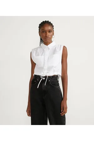 Blue Steel Camisa Cropped em Tricoline sem Manga com Repuxado na Barra