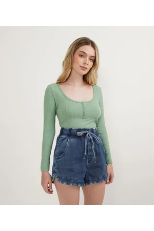 Blue Steel Blusa Básica em Ribana com Manga Longa e Botões