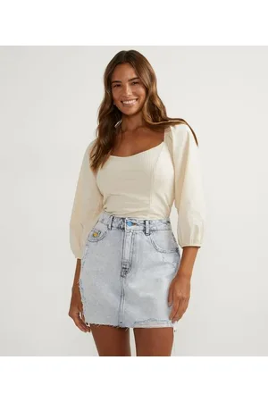 Blue Steel Blusa Curta em Mix de Tecidos com Manga 3/4 Bufante