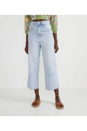 Blue Steel Calça Reta Cropped Jeans com Bordado no Bolso e Barra Corte a Fio