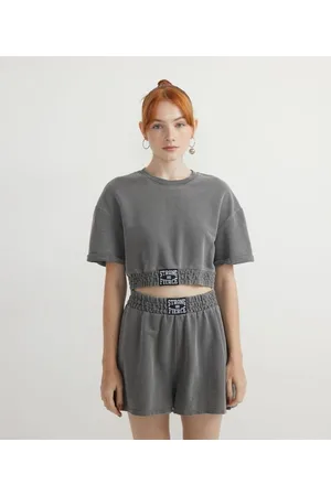 Blue Steel Blusa Cropped em Moletinho Lavado com Etiqueta na Barra