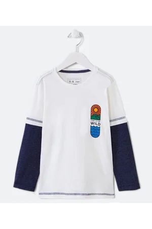 Fuzarka Camiseta Infantil com Estampa no Peito e Manga Sobreposta - Tam 5 a 14 anos