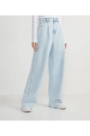 Blue Steel Calça Wide Leg Jeans com Cintura Alta e Pregas