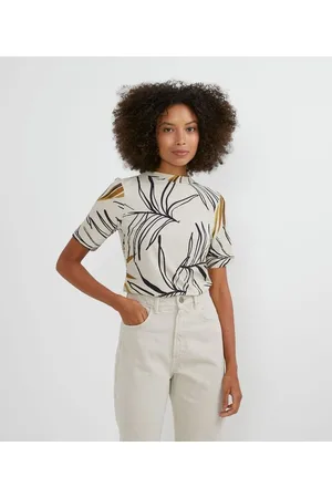 Marfinno Blusa em Viscose Canelada com Estampa de Folhagem