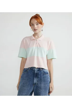Blue Steel Blusa Cropped em Algodão com Bloco de Cor e Gola Polo