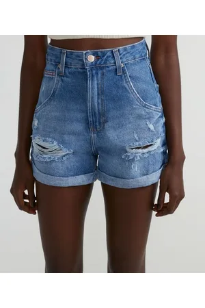 Blue Steel Short Baggy Jeans com Puídos e Barra Dobrada