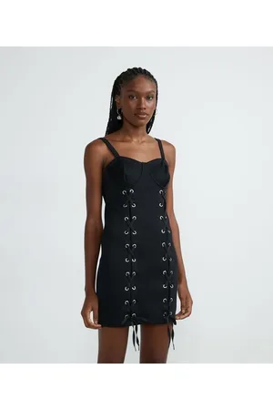 Blue Steel Vestido Curto Canelado em Ribana com Ihoses e Amarrações