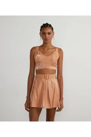 Blue Steel Blusa Regata Cropped em Crepe Metalizado com Busto Marcado
