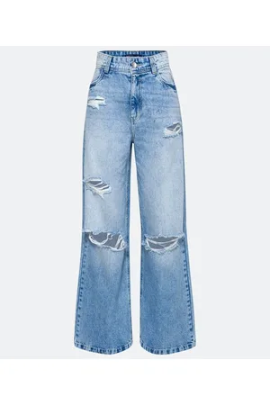 Blue Steel Calça Wide Leg Jeans com Puídos e Rasgos no Joelho