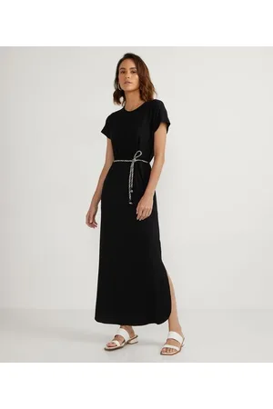 Marfinno Vestido Midi Canelado com Cinto Corda sem Estampa